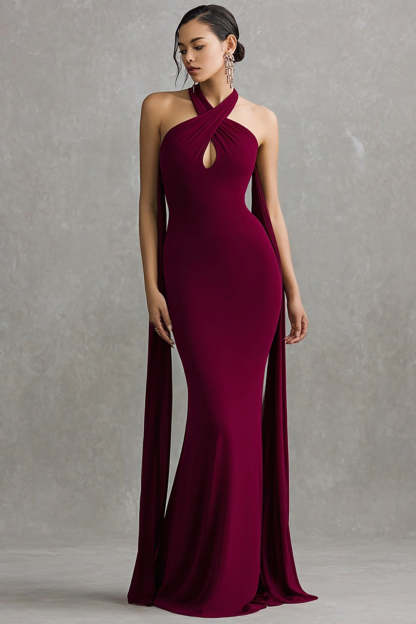 Leely Women Burgundy Halter Neck Scarf Maxi Formal Dress Mermaid Keyhole Wedding Guest Dress