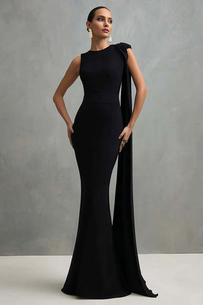 Leely Women Black Long Formal Dress with Side Cape Mermaid Round Neck Black Tie Dress