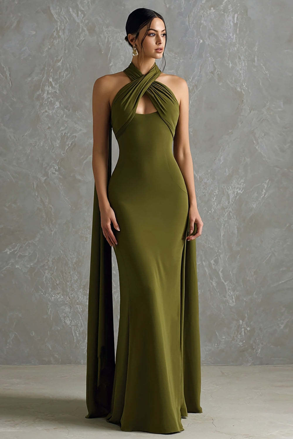 Leely Women Olive Green Neck Scarf Maxi Formal Dress Halter Mermaid Evening Dress