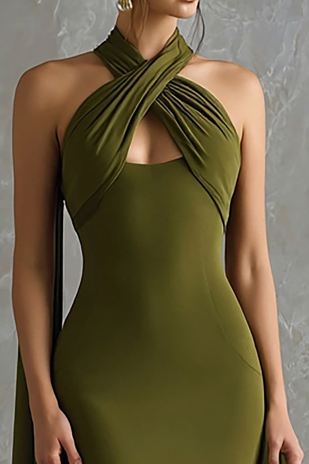 Olive Green Halter Neck Scarf Mermaid Maxi Formal Dress