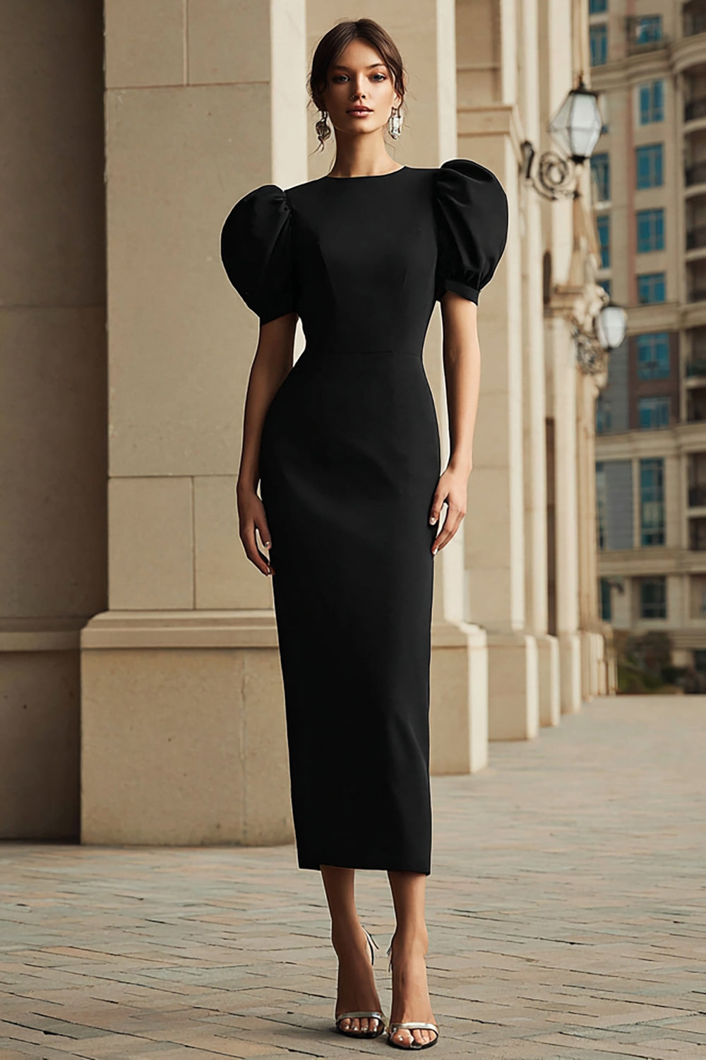 Black Round Neck Puff Sleeves Tea Length Mermaid Formal Dress