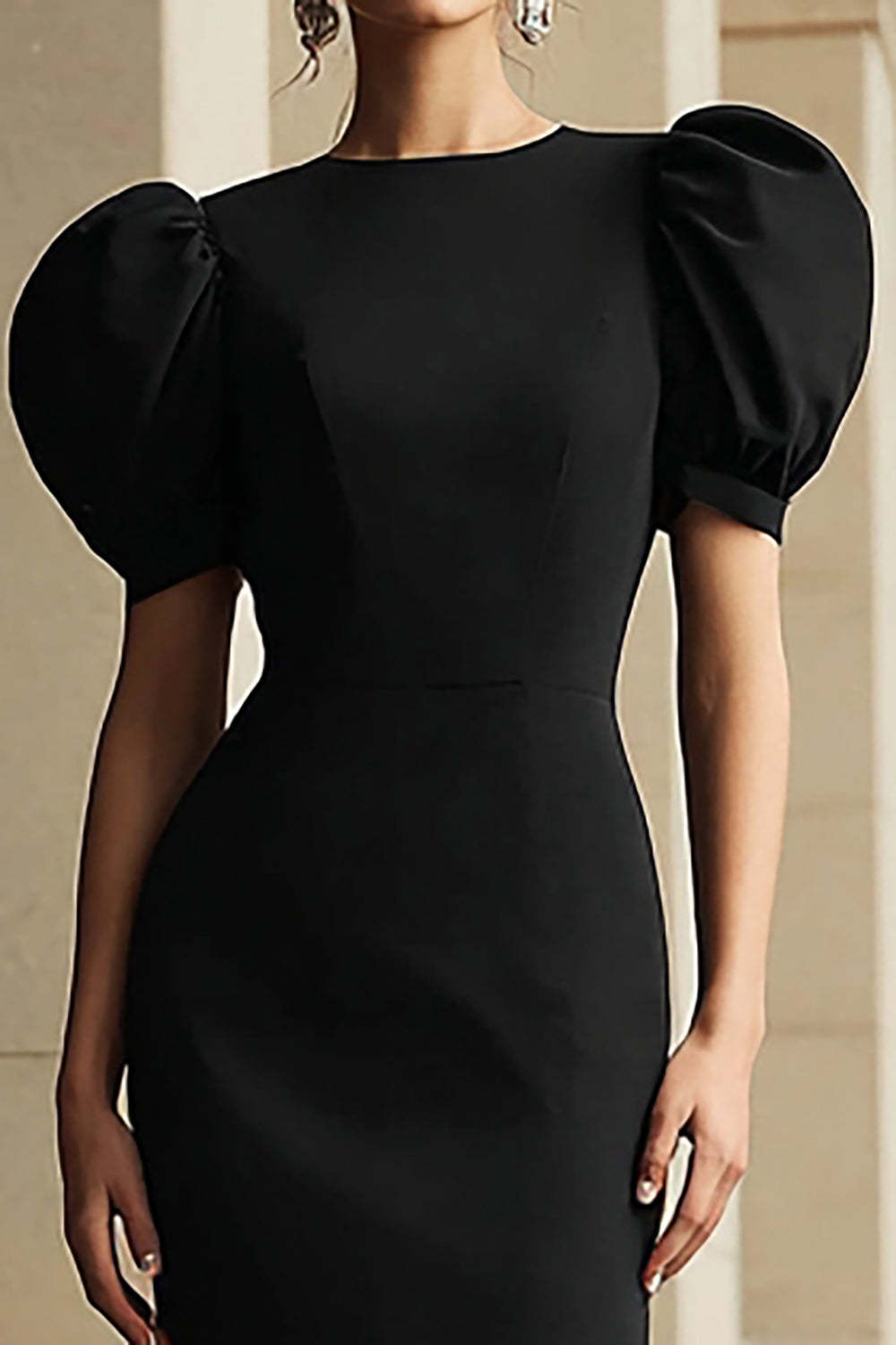 Black Round Neck Puff Sleeves Tea Length Mermaid Formal Dress