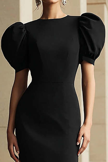 Black Round Neck Puff Sleeves Tea Length Mermaid Formal Dress