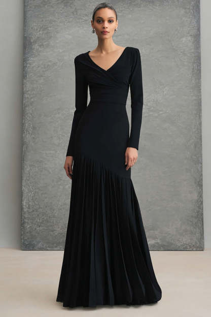 Leely Women Black Pleated Chiffon Mermaid Long Formal Dress V-Neck Long Sleeves Black Tie Dress