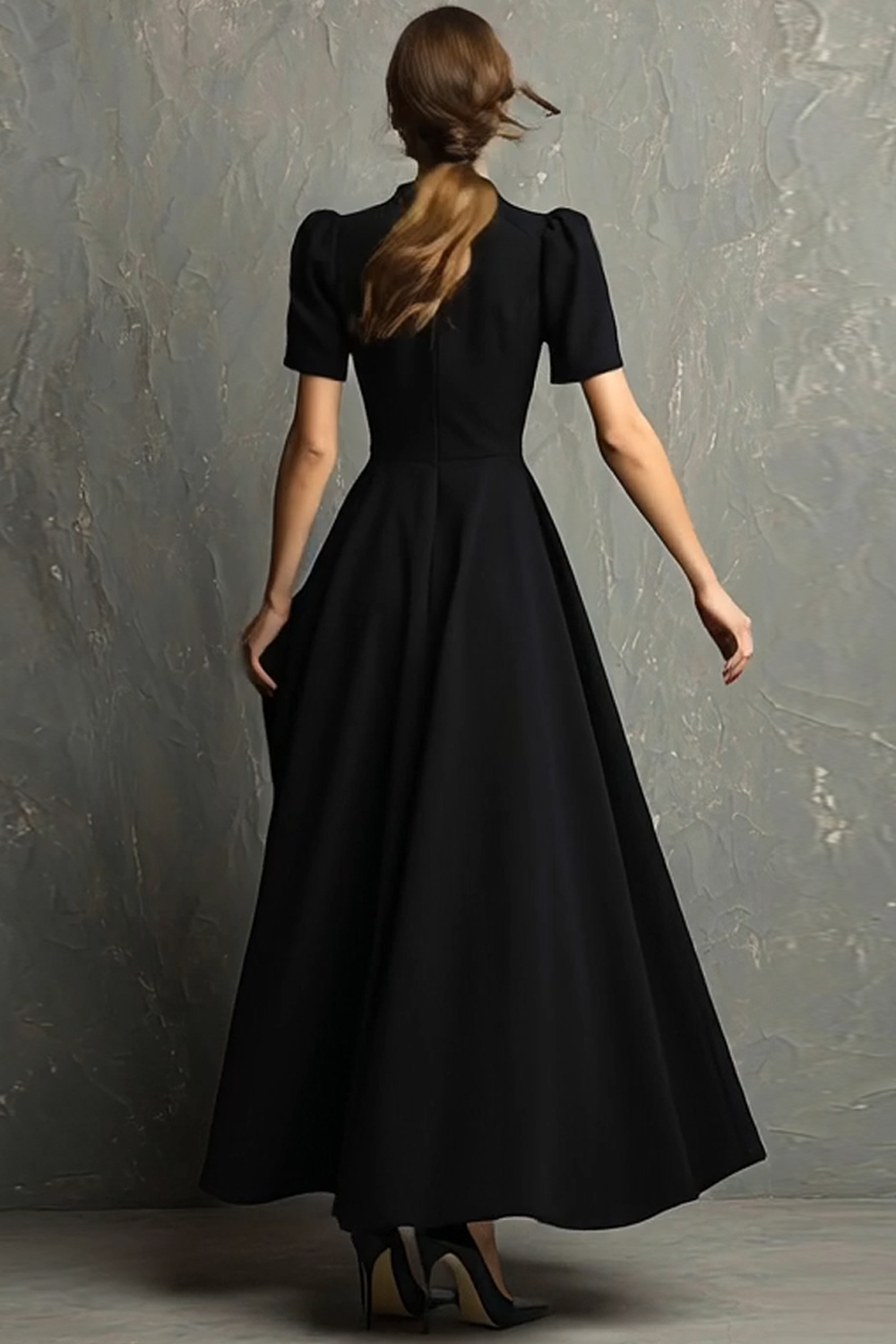 Black Short Sleeves High Neck A-Line Long Formal Dress with Pockets