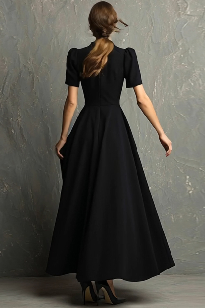 Black Short Sleeves High Neck A-Line Long Formal Dress with Pockets