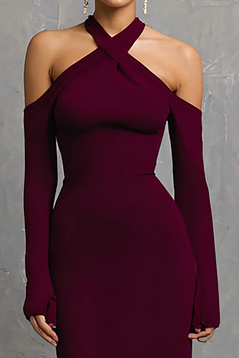 Burgundy Mermaid Halter Long Sleeves Long Formal Dress