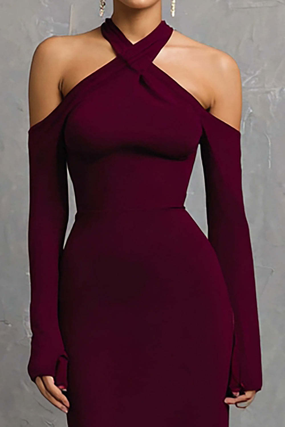 Burgundy Mermaid Halter Long Sleeves Long Formal Dress