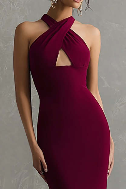 Burgundy Halter Mermaid Keyhole Maxi Formal Dress