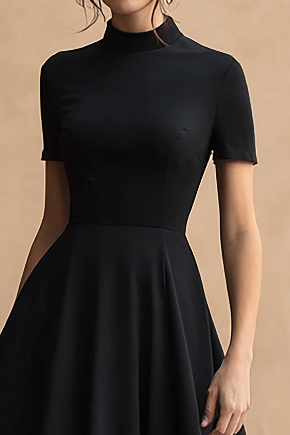 Black High Neck Satin A-Line Short Sleeves High-Low Formal Dress