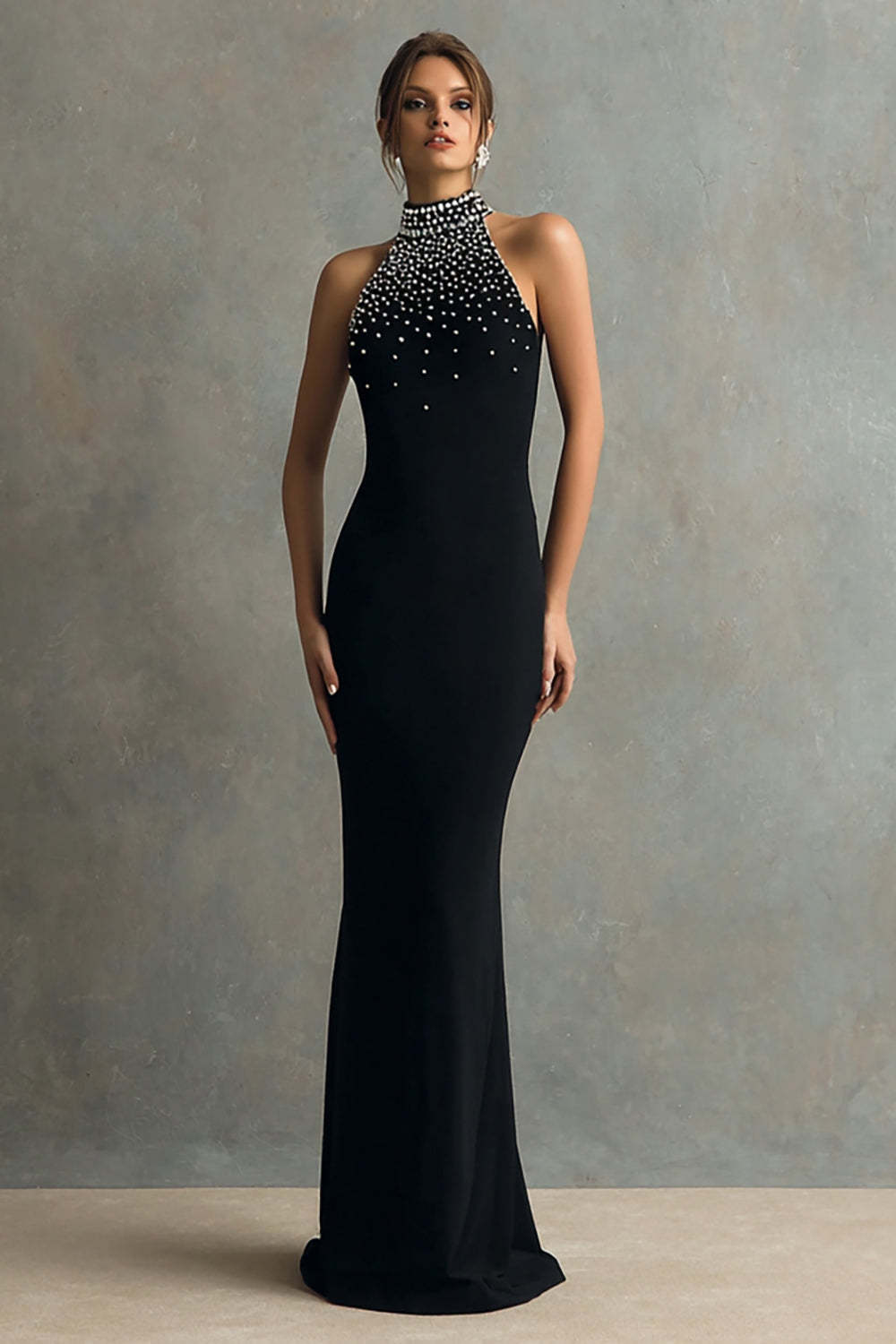 Leely Women Sparkly Black Maxi Formal Dress with Beading Mermaid Halter Black Tie Dress