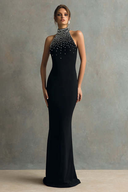 Leely Women Sparkly Black Maxi Formal Dress with Beading Mermaid Halter Black Tie Dress