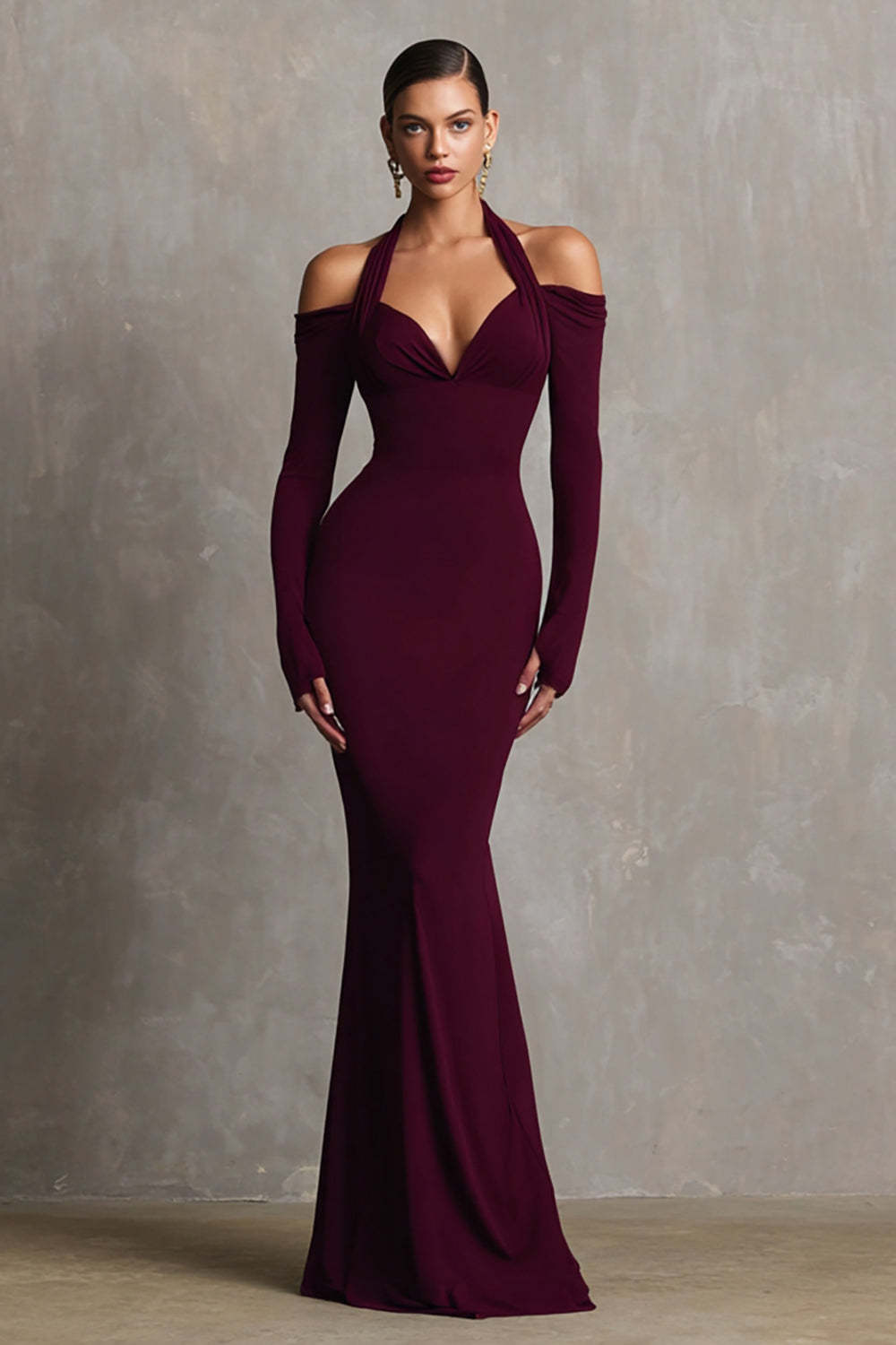 Leely Women Burgundy Mermaid Long Formal Dress Long Sleeves Halter Evening Dress