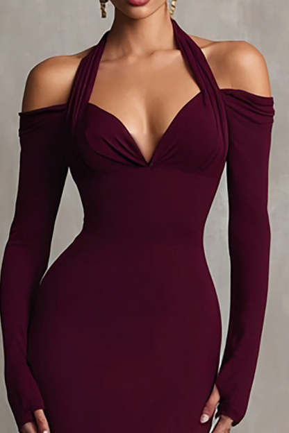 Burgundy Mermaid Long Sleeves Halter Formal Dress