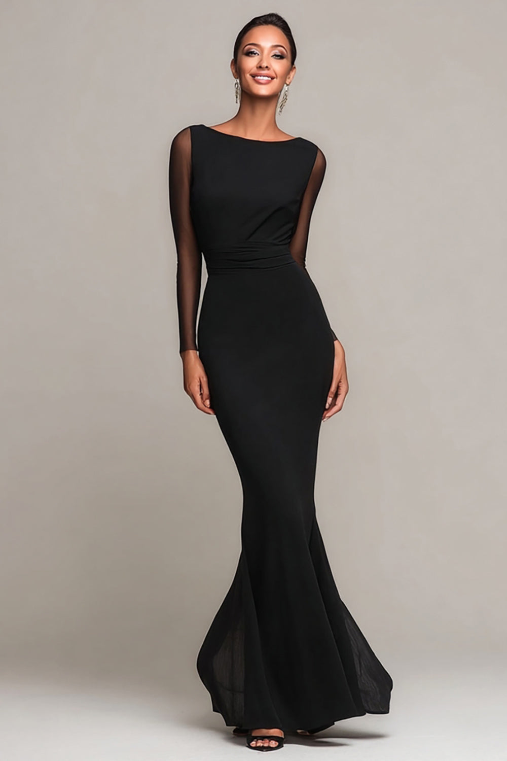 Leely Women Black Mermaid Maxi Formal Dress with Sleeves Boat Neck Chiffon Black Tie Dress