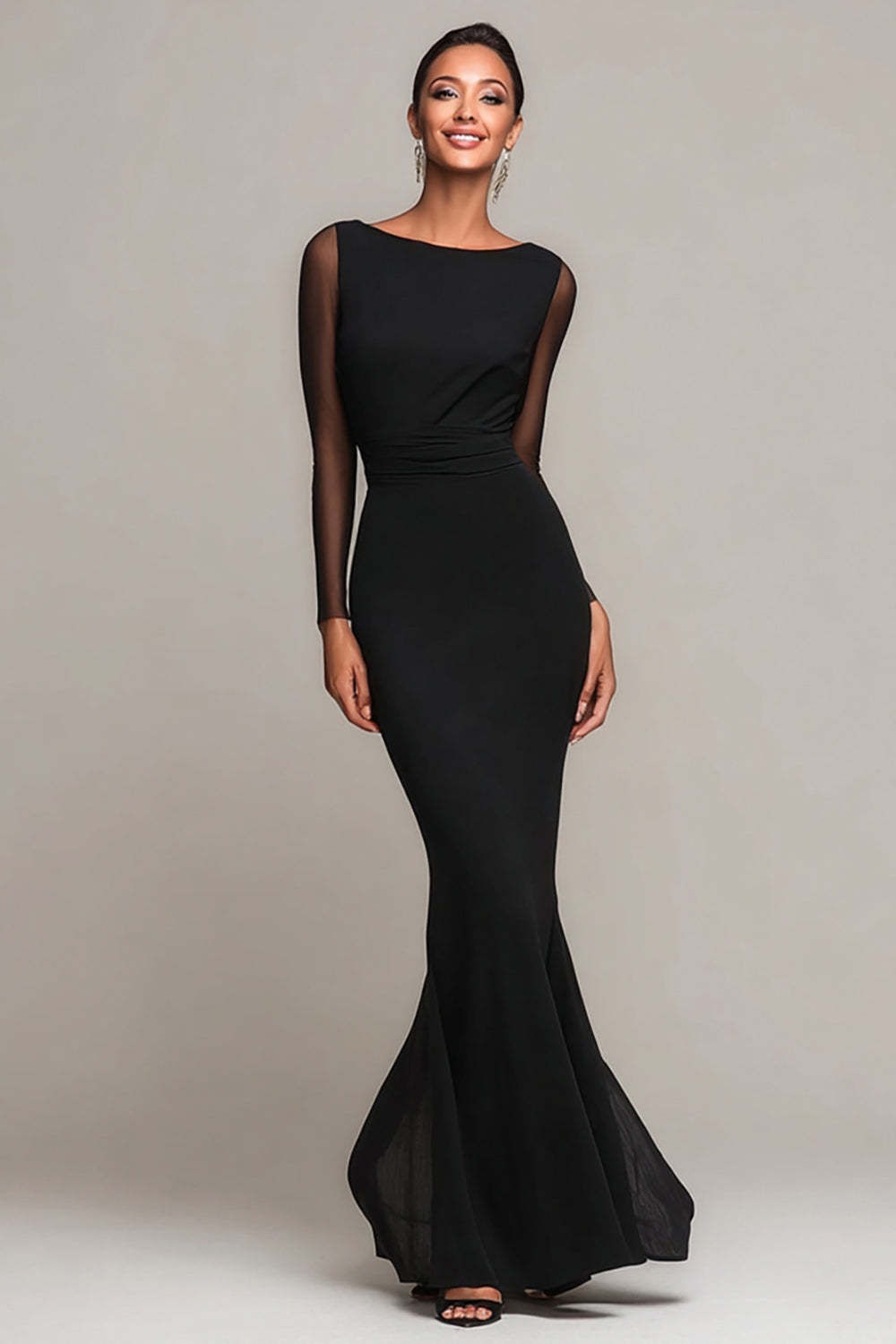Leely Women Black Mermaid Maxi Formal Dress with Sleeves Boat Neck Chiffon Black Tie Dress