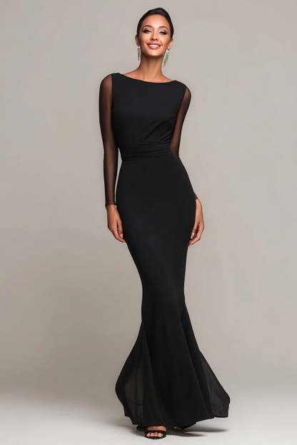 Leely Women Black Mermaid Maxi Formal Dress with Sleeves Boat Neck Chiffon Black Tie Dress