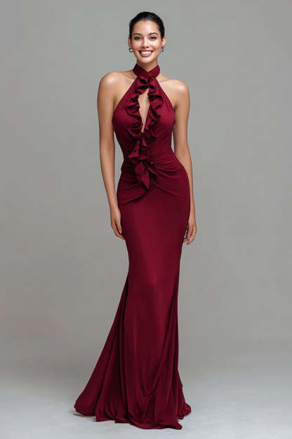 Leely Women Burgundy Long Formal Dress with Ruffles Mermaid Halter Evening Dress
