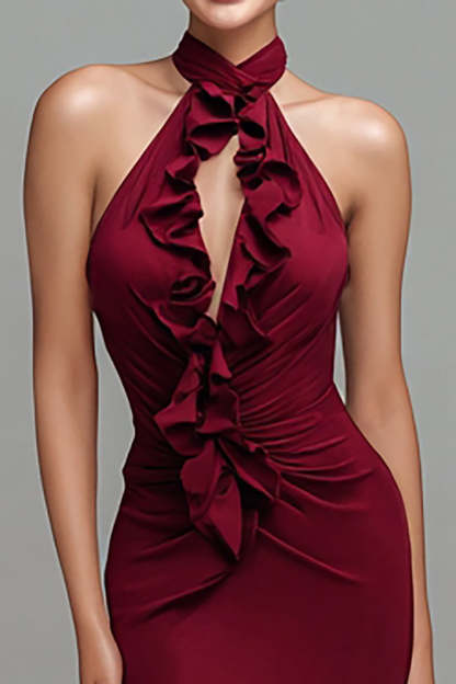 Burgundy Halter Long Mermaid Formal Dress with Ruffles