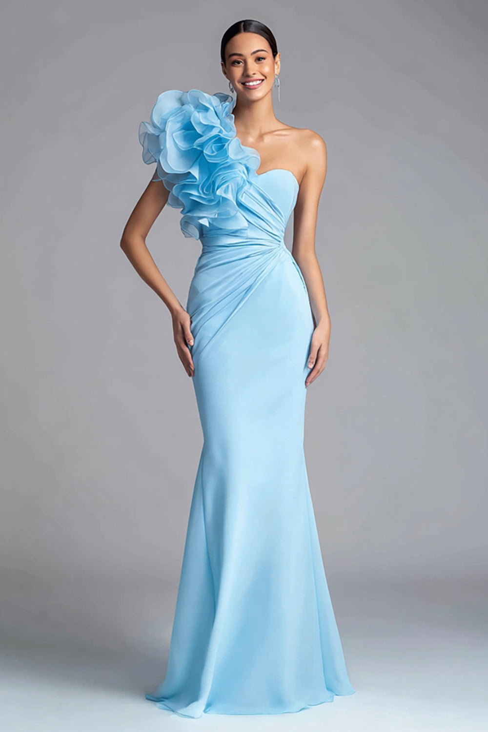 Light Blue One Shoulder Mermaid Maxi Formal Dress with 3D Flower