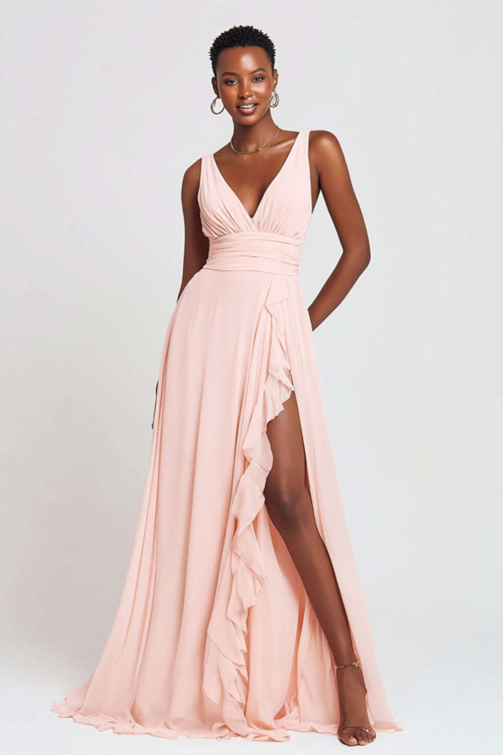 Pink Chiffon V-Neck  A-Line Long Formal Dress with Slit