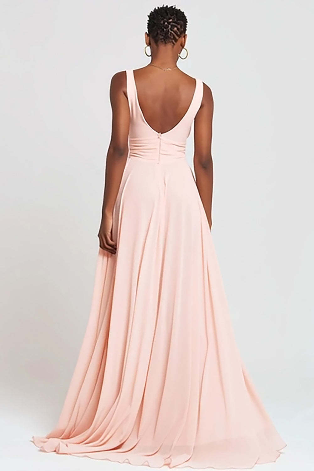 Pink Chiffon V-Neck  A-Line Long Formal Dress with Slit