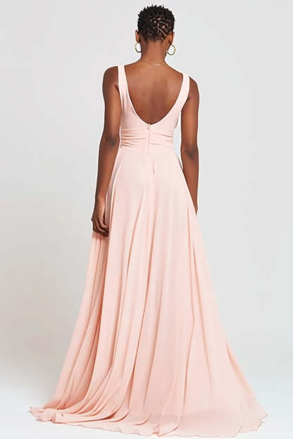 Pink Chiffon V-Neck  A-Line Long Formal Dress with Slit