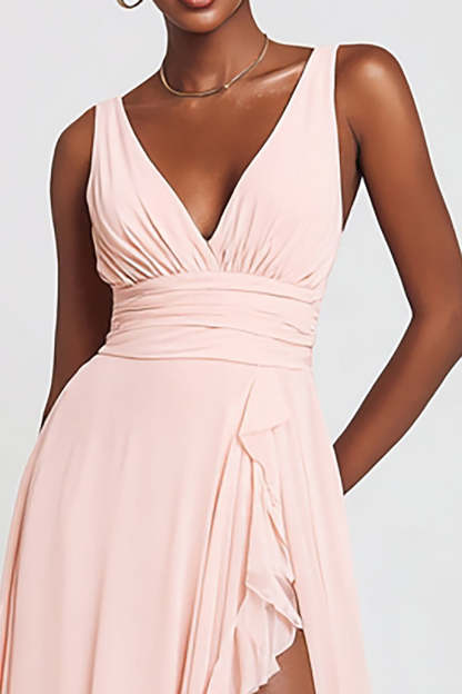 Pink Chiffon V-Neck  A-Line Long Formal Dress with Slit