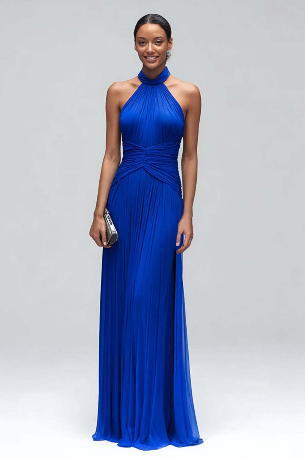 Leely Women Royal Blue Maxi Formal Dress High Neck Pleated Mermaid Evening Dress