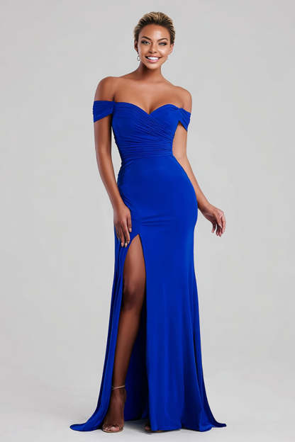 Leely Women Royal Blue Mermaid Maxi Formal Dress with Slit Chiffon Off the Shoulder Evening Dress