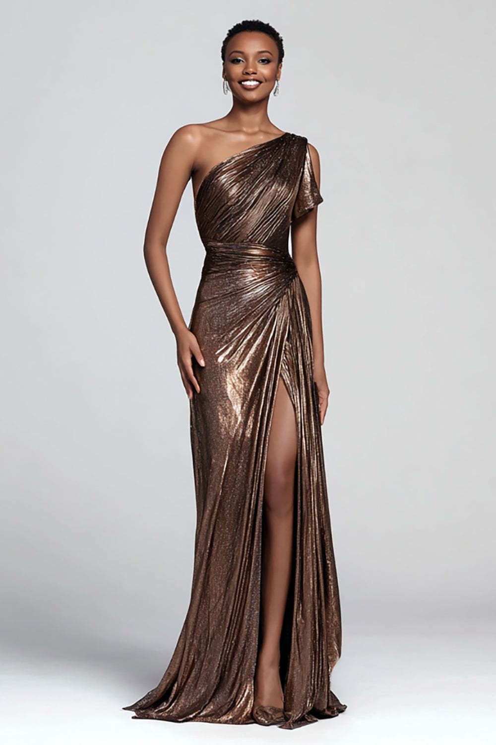 Brown Metallic One Shoulder Mermaid Long Formal Dress with Slit