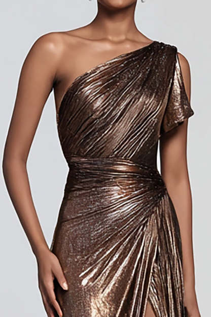 Brown Metallic One Shoulder Mermaid Long Formal Dress with Slit