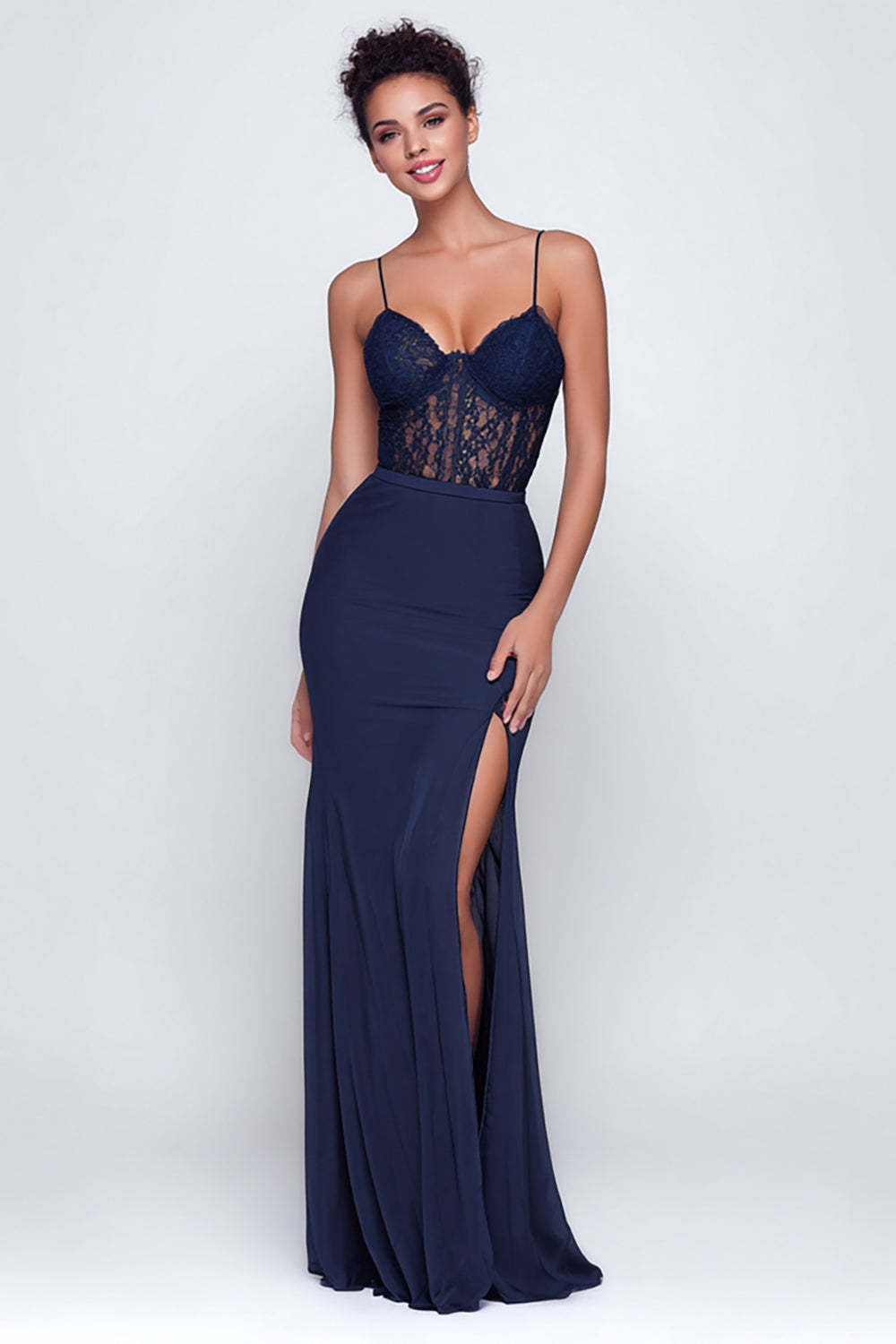 Leely Women Navy Mermaid Maxi Formal Dress with Slit Spaghetti Straps Evening Dress with Lace