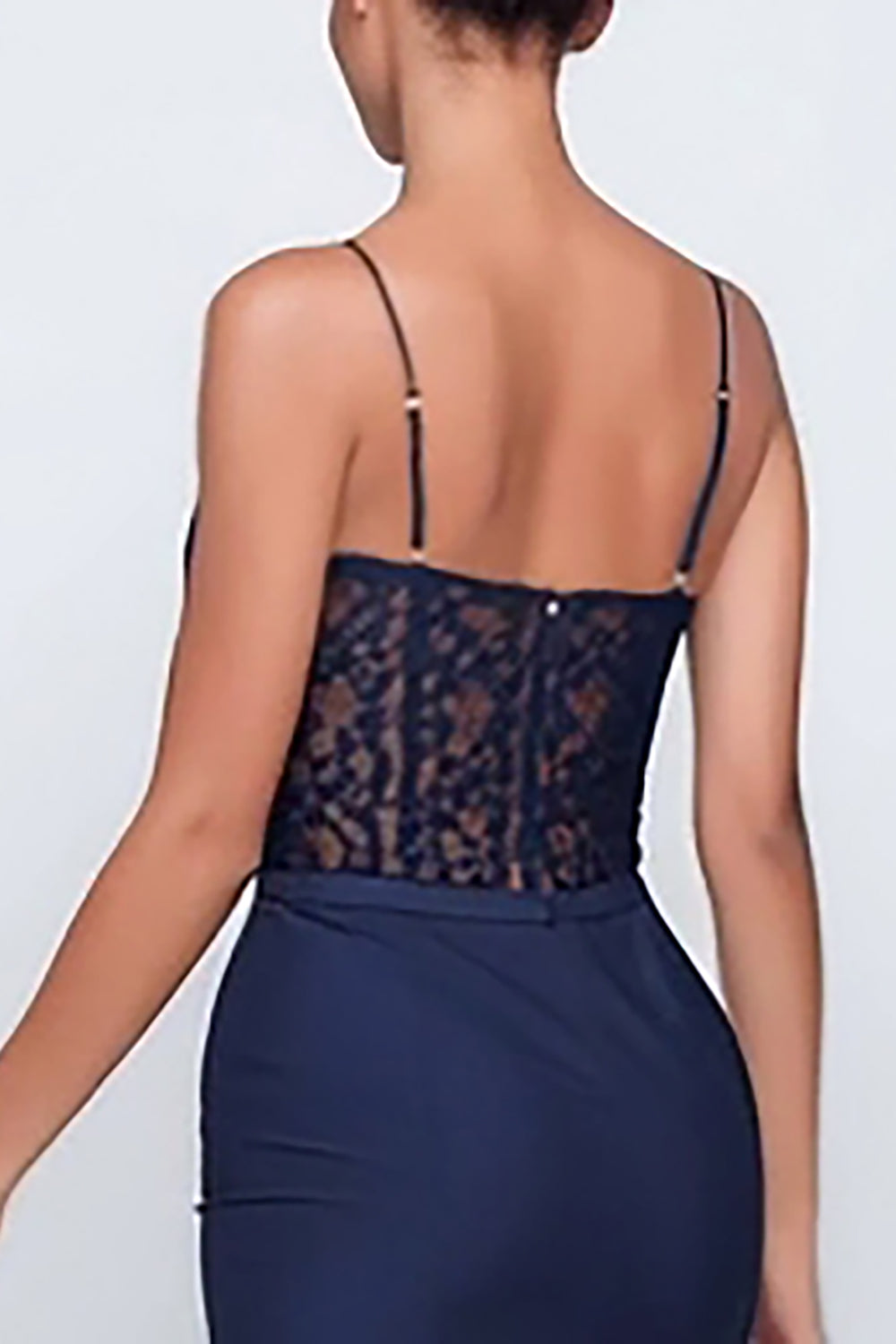 Navy Spaghetti Straps Mermaid Lace Maxi Formal Dress with Slit