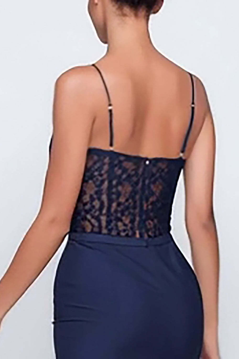 Navy Spaghetti Straps Mermaid Lace Maxi Formal Dress with Slit