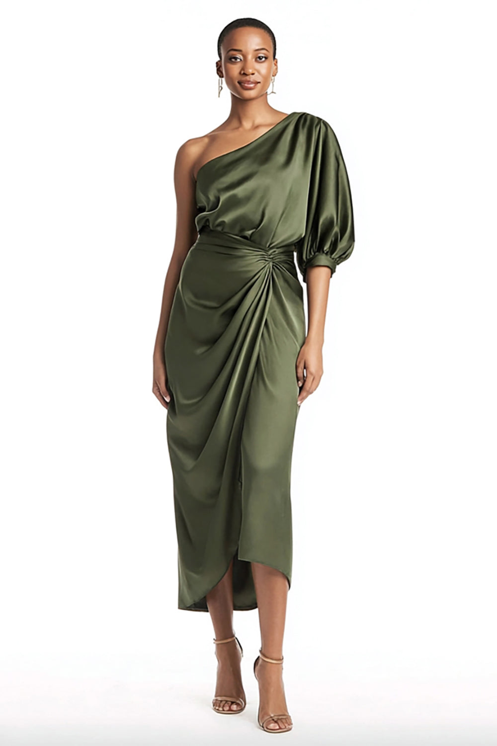 Olive Satin One Shoulder Mermaid Tea Length Formal Dress with Sleeves