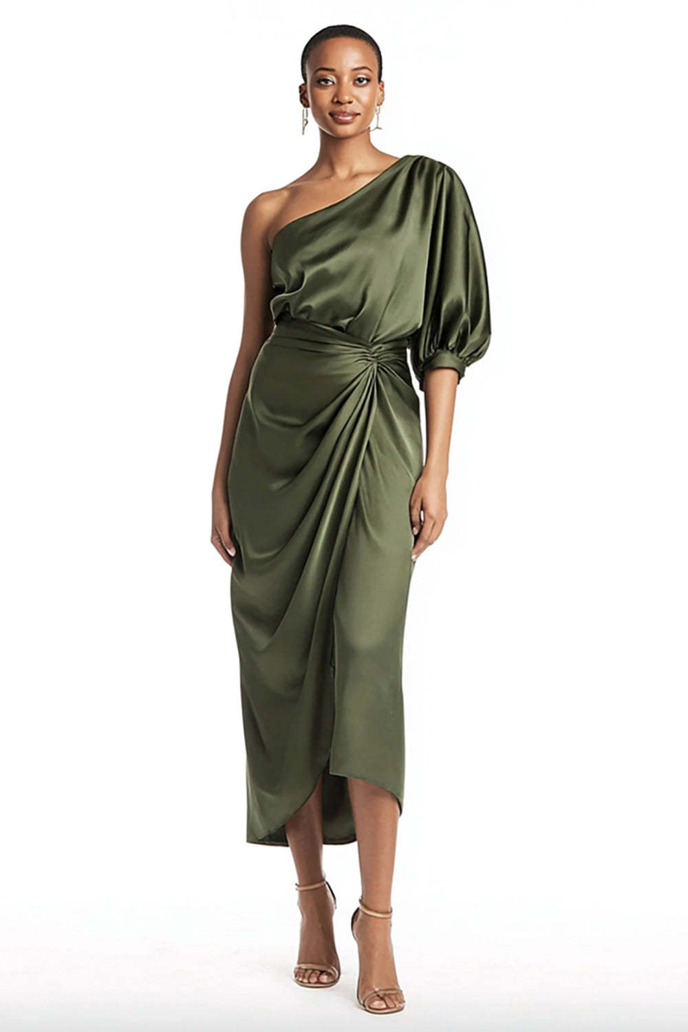 Leely Women Olive Tea Length Mermaid Formal Dress with Sleeves One Shoulder Satin Evening Dress
