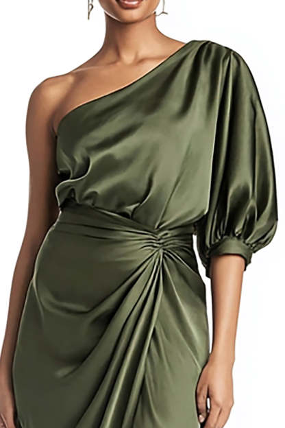 Olive Satin One Shoulder Mermaid Tea Length Formal Dress with Sleeves