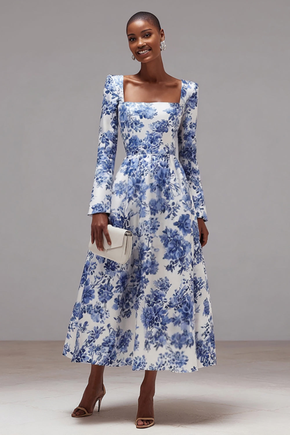 Blue and White Square Neck A-Line Floral Wedding Guest Dress with Sleeves