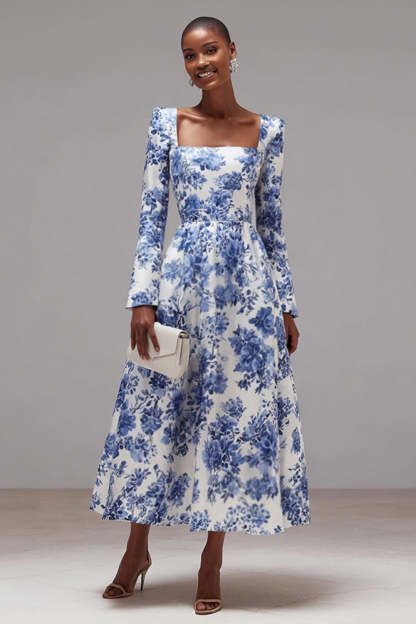 Leely Women Blue and White Floral Long Wedding Guest Dress with Sleeves Square Neck A Line Formal Dress