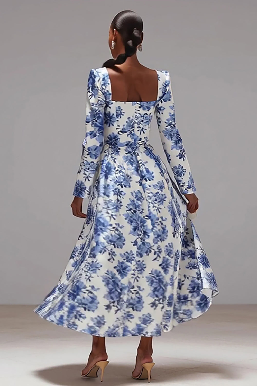 Blue and White Square Neck A-Line Floral Wedding Guest Dress with Sleeves
