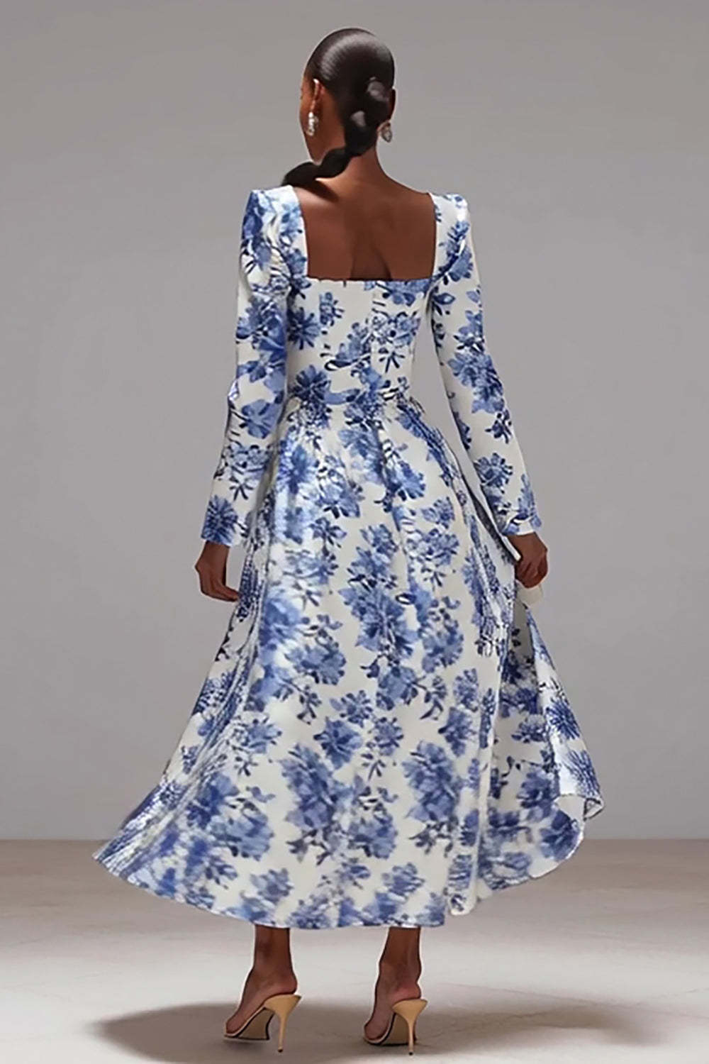 Blue and White Square Neck A-Line Floral Wedding Guest Dress with Sleeves