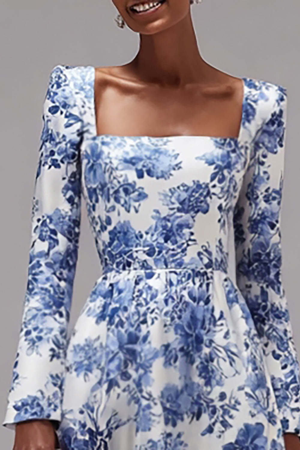 Blue and White Square Neck A-Line Floral Wedding Guest Dress with Sleeves