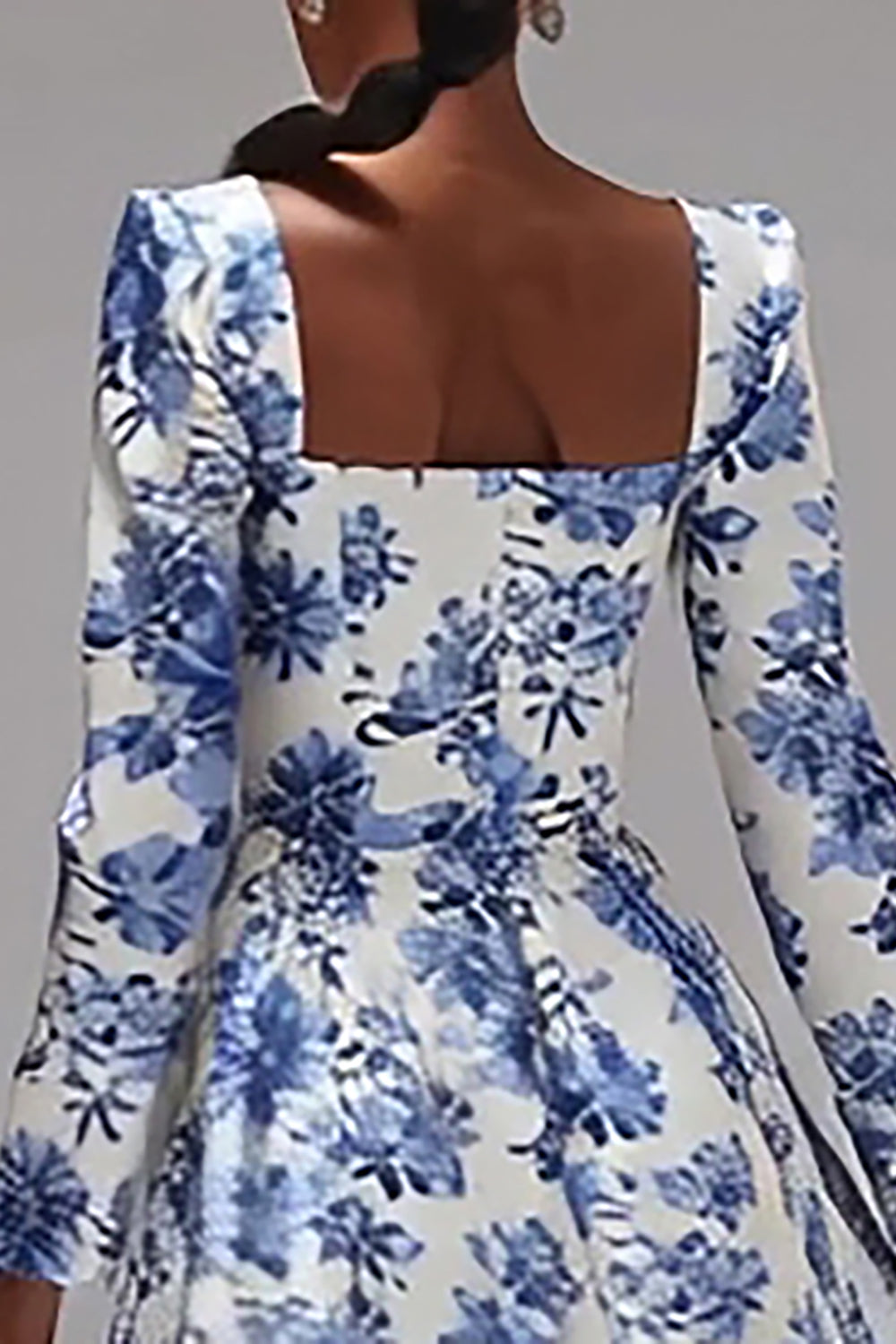 Blue and White Square Neck A-Line Floral Wedding Guest Dress with Sleeves