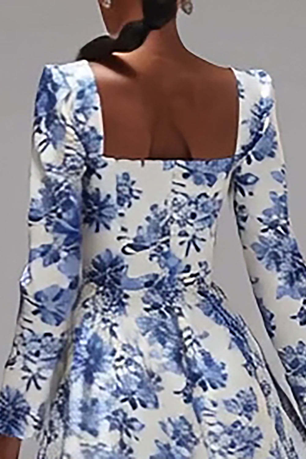 Blue and White Square Neck A-Line Floral Wedding Guest Dress with Sleeves