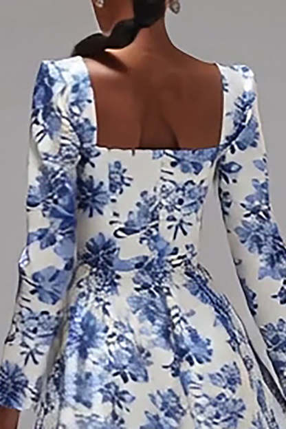 Blue and White Square Neck A-Line Floral Wedding Guest Dress with Sleeves