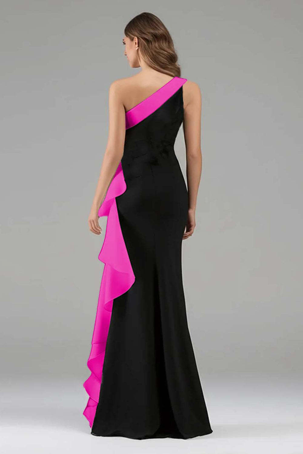 Black and Light Blue Mermaid One Shoulder Maxi Formal Dress with Ruffles