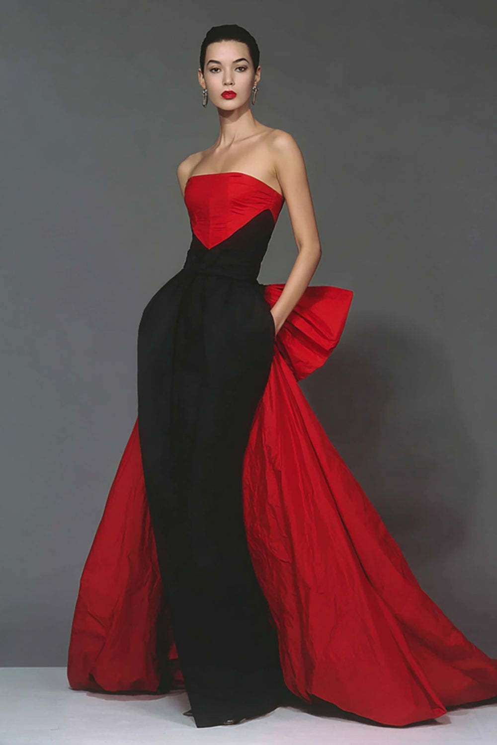 Leely Women Black and Red Strapless Long Evening Dress with Cape Sleeveless Mermaid Gala Dress with Bow