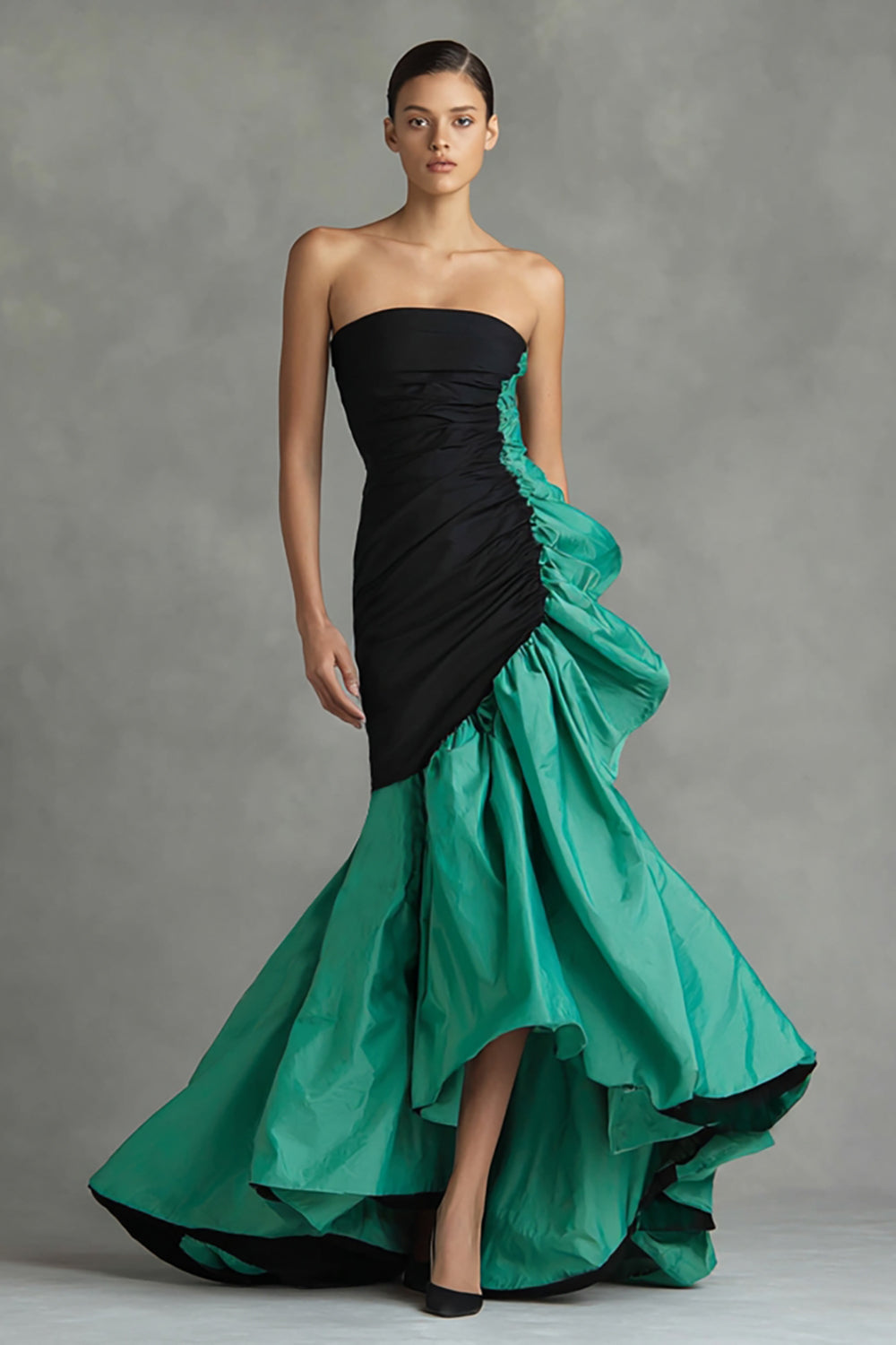 Black and Green Strapless Mermaid Maxi Formal Dress with Ruffles