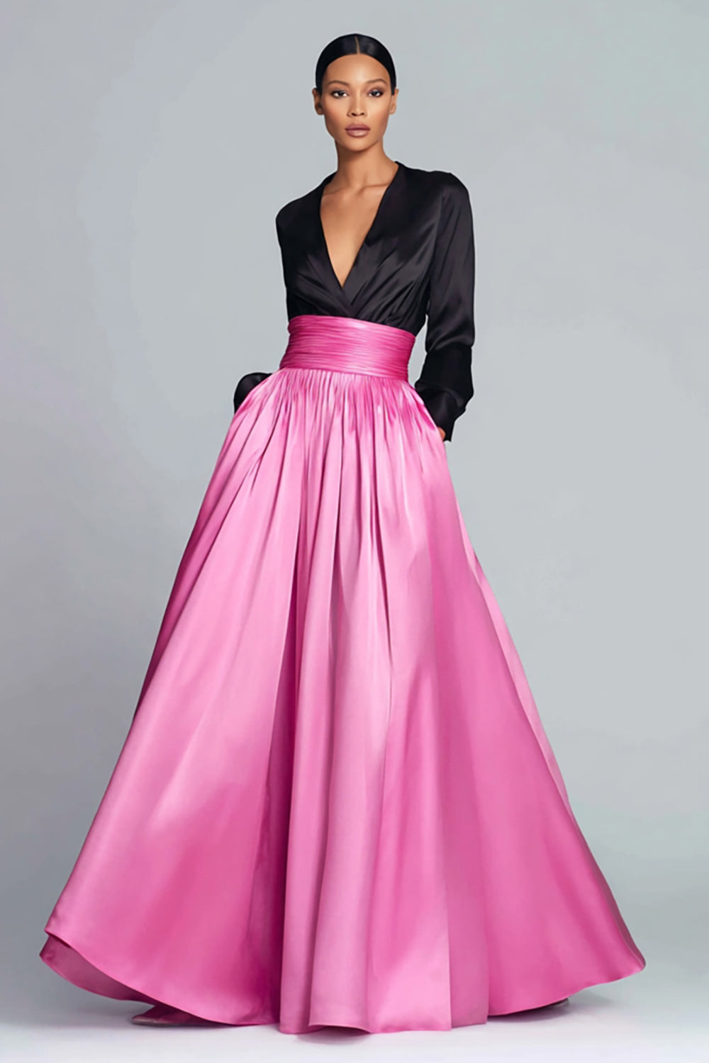 Leely Women Black and Fuchsia Patchwork Satin Long Evening Dress with Sleeves V-Neck A-Line Party Dress